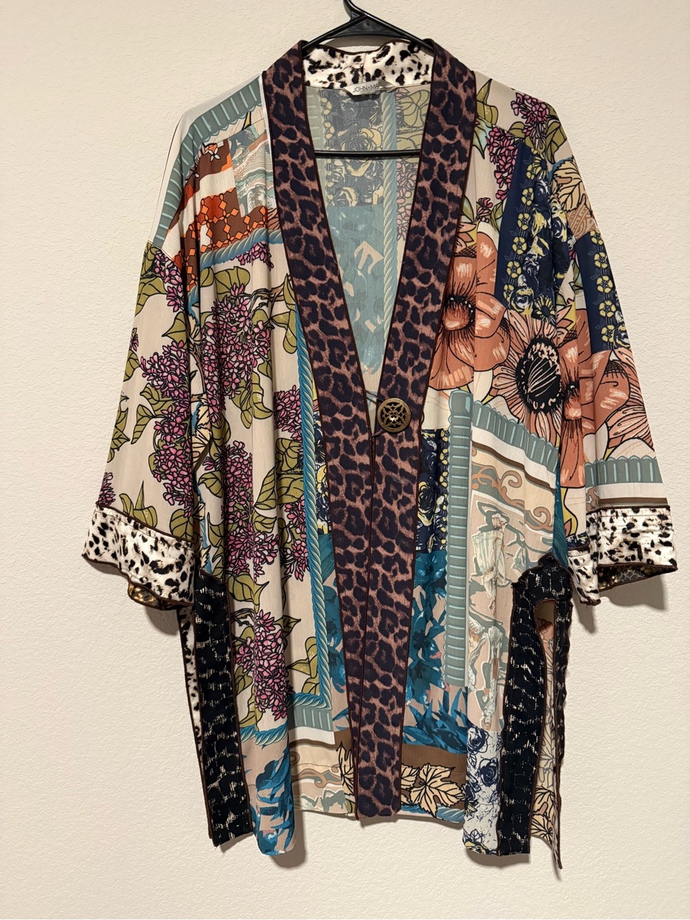 John Mark Patchwork Kimono Jacket Size Large Boho Festival Sheer Art to wear